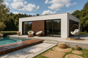 Casa prefabricada Satori de ALUCASA con terraza, piscina y acabados en madera y blanco