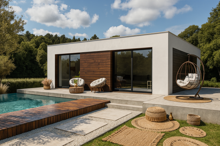 Casa prefabricada Satori de ALUCASA con terraza, piscina y acabados en madera y blanco